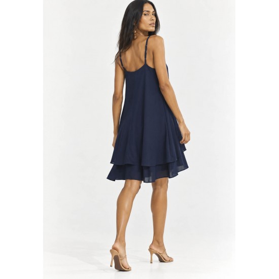 Vestido Curto Itaúna em Viscose com Babados Duplos Azul Marinho