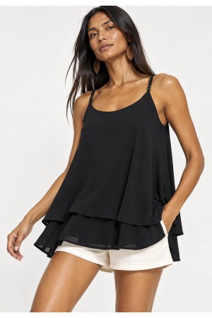 Blusa Aroeira Alça Fina Viscose com Babados Duplos Preta