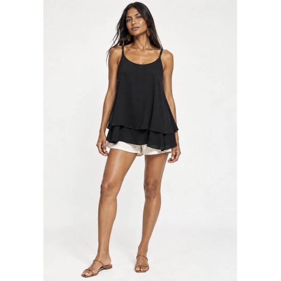 Blusa Aroeira Alça Fina Viscose com Babados Duplos Preta