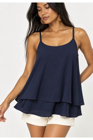 Blusa Aroeira Alça Fina Viscose com Babados Duplos Azul Marinho