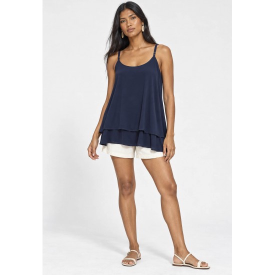 Blusa Aroeira Alça Fina Viscose com Babados Duplos Azul Marinho
