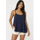 Blusa Aroeira Alça Fina Viscose com Babados Duplos Azul Marinho
