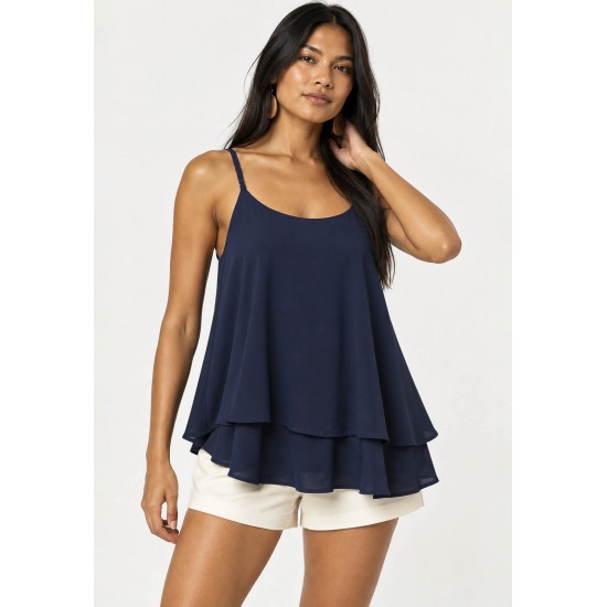 Blusa Aroeira Alça Fina Viscose com Babados Duplos Azul Marinho