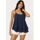 Blusa Aroeira Alça Fina Viscose com Babados Duplos Azul Marinho