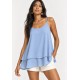 Blusa Aroeira Alça Fina em Viscose com Babados Duplos Azul Céu