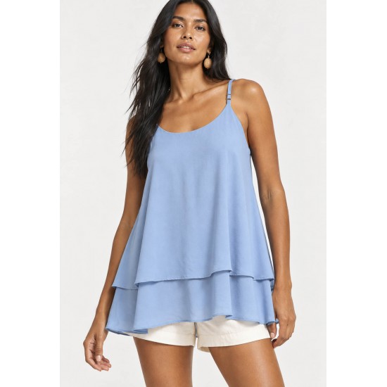 Blusa Aroeira Alça Fina em Viscose com Babados Duplos Azul Céu