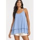 Blusa Aroeira Alça Fina em Viscose com Babados Duplos Azul Céu