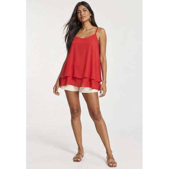 Blusa Aroeira Alça Fina em Viscose com Babados Duplos Coral do Xingu