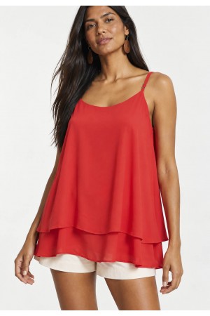 Blusa Aroeira Alça Fina em Viscose com Babados Duplos Coral do Xingu