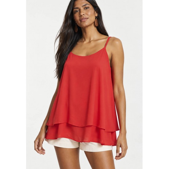 Blusa Aroeira Alça Fina em Viscose com Babados Duplos Coral do Xingu
