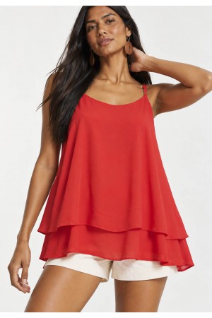 Blusa Aroeira Alça Fina em Viscose com Babados Duplos Coral do Xingu