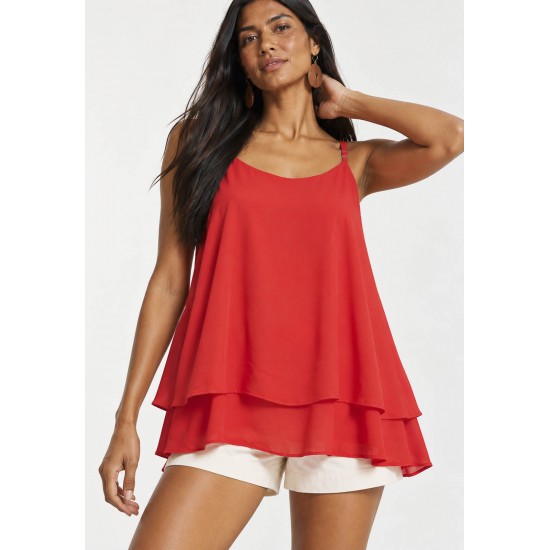 Blusa Aroeira Alça Fina em Viscose com Babados Duplos Coral do Xingu
