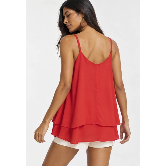 Blusa Aroeira Alça Fina em Viscose com Babados Duplos Coral do Xingu