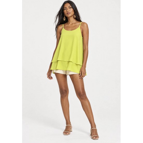 Blusa Aroeira Alça Fina em Viscose com Babados Duplos Verde Jambu