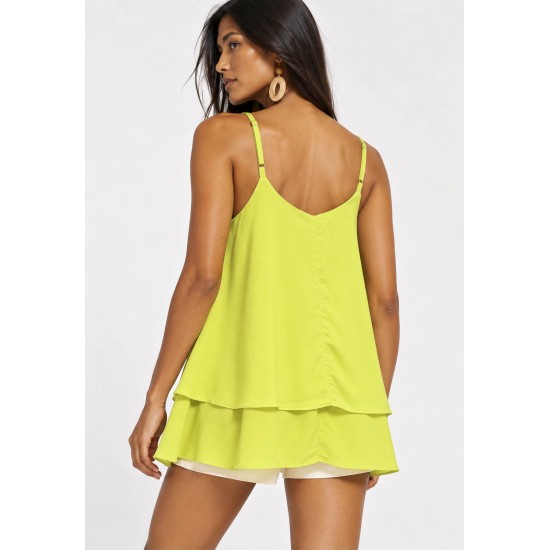 Blusa Aroeira Alça Fina em Viscose com Babados Duplos Verde Jambu