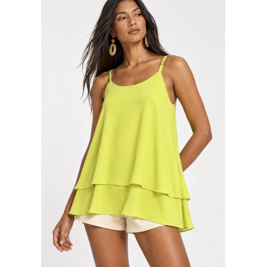 Blusa Aroeira Alça Fina em Viscose com Babados Duplos Verde Jambu