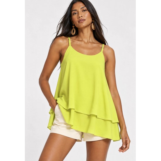 Blusa Aroeira Alça Fina em Viscose com Babados Duplos Verde Jambu