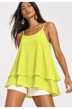Blusa Aroeira Alça Fina em Viscose com Babados Duplos Verde Jambu