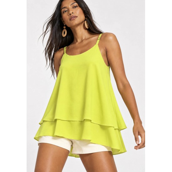 Blusa Aroeira Alça Fina em Viscose com Babados Duplos Verde Jambu