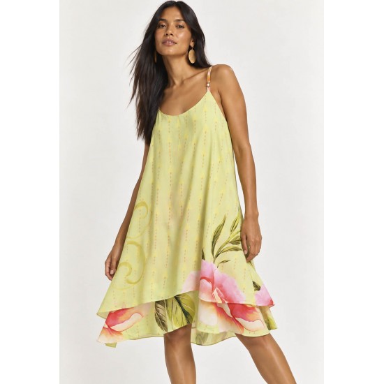 Vestido Curto Itaúna em Viscose com Babados Duplos Estampa Florada de Jambu