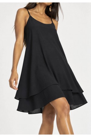Vestido Curto Itaúna em Viscose com Babados Duplos Preto