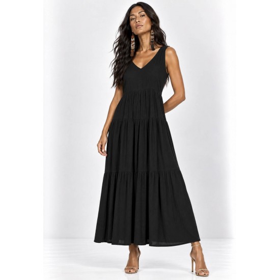 Vestido Regata Longo Peri Viscose Camadas Preto