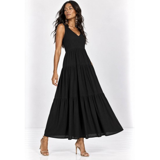 Vestido Regata Longo Peri Viscose Camadas Preto