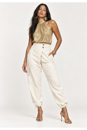 Calça Lisle Cargo em Viscose com Cintura Alta e Bolsos Off-White