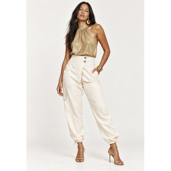 Calça Lisle Cargo em Viscose com Cintura Alta e Bolsos Off-White