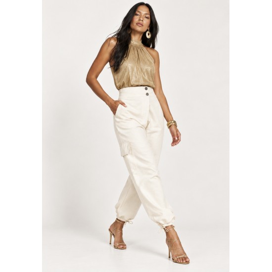 Calça Lisle Cargo em Viscose com Cintura Alta e Bolsos Off-White