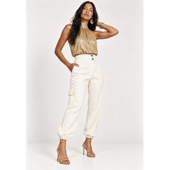 Calça Lisle Cargo em Viscose com Cintura Alta e Bolsos Off-White