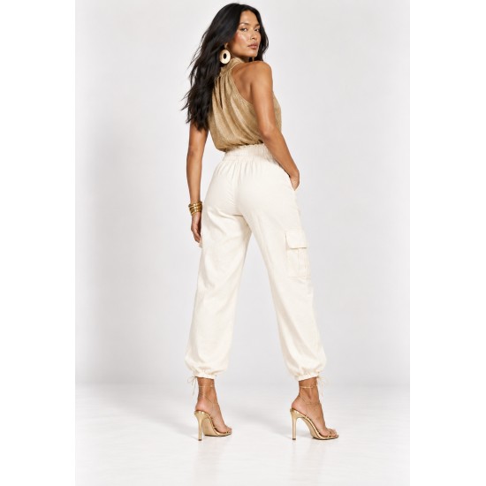 Calça Lisle Cargo em Viscose com Cintura Alta e Bolsos Off-White