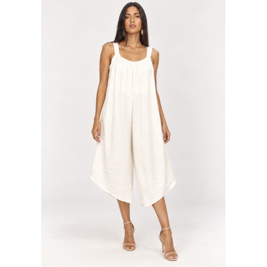 Macacão Pantacourt Amplo em Viscose Off-White