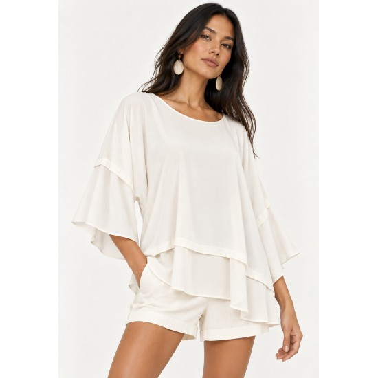 Blusa Ampla Cascata em Viscose com Mangas 3/4 e Babados em Camadas Off-White