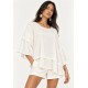 Blusa Ampla Cascata em Viscose com Mangas 3/4 e Babados em Camadas Off-White