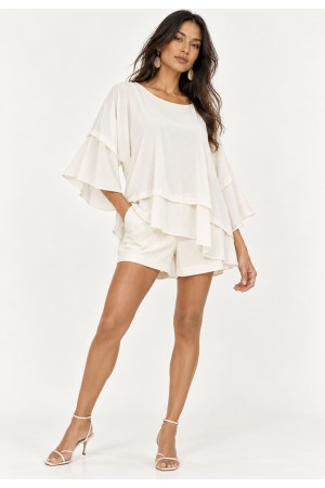 Blusa Ampla Cascata em Viscose com Mangas 3/4 e Babados em Camadas Off-White