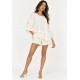 Blusa Ampla Cascata em Viscose com Mangas 3/4 e Babados em Camadas Off-White