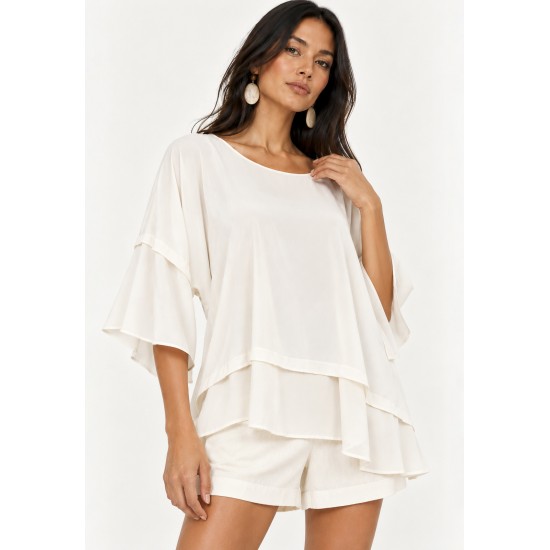 Blusa Ampla Cascata em Viscose com Mangas 3/4 e Babados em Camadas Off-White