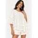 Blusa Ampla Cascata em Viscose com Mangas 3/4 e Babados em Camadas Off-White