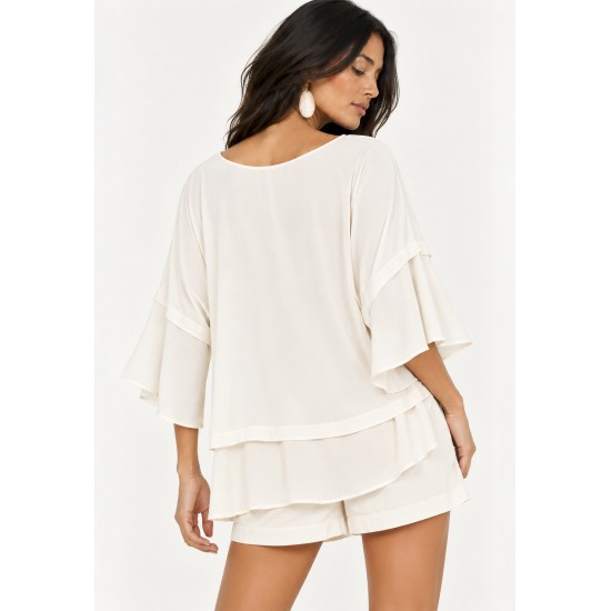 Blusa Ampla Cascata em Viscose com Mangas 3/4 e Babados em Camadas Off-White