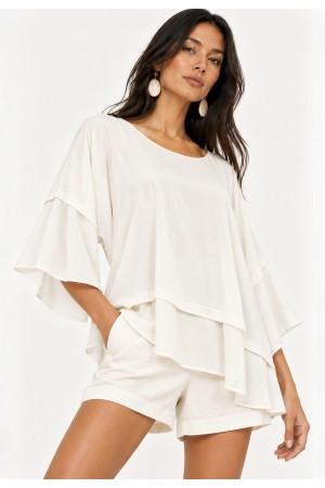 Blusa Ampla Cascata em Viscose com Mangas 3/4 e Babados em Camadas Off-White