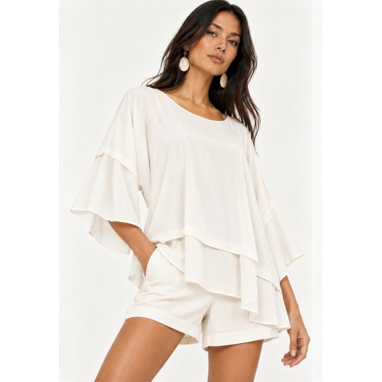 Blusa Ampla Cascata em Viscose com Mangas 3/4 e Babados em Camadas Off-White