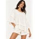 Blusa Ampla Cascata em Viscose com Mangas 3/4 e Babados em Camadas Off-White
