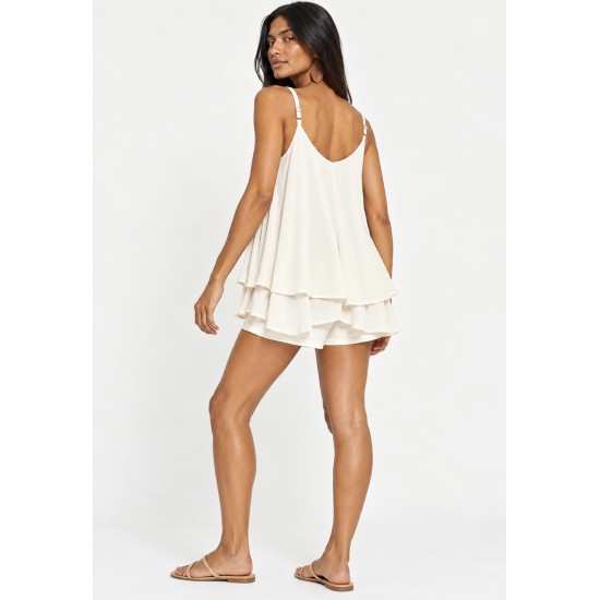 Blusa Aroeira Alça Fina em Viscose com Babados Duplos Off-White Réveillon