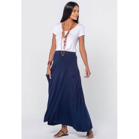 Saia Longa Jussara Malha com Bolso Azul Marinho