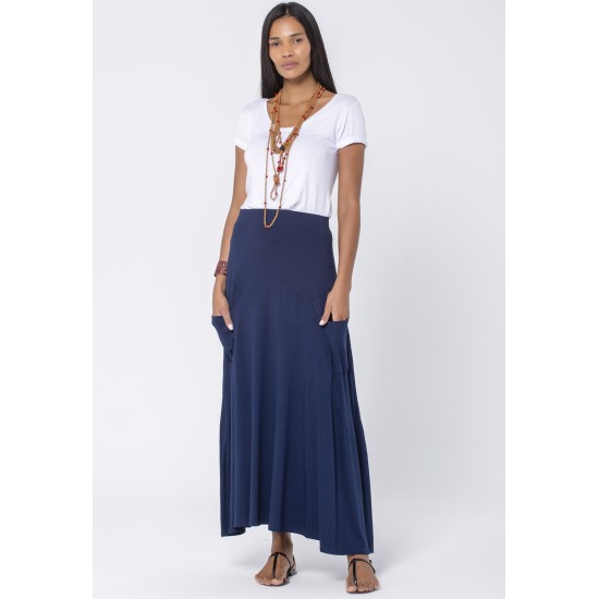 Saia Longa Jussara Malha com Bolso Azul Marinho