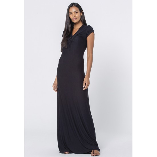 Vestido Coema Longo Malha Detalhe no Busto Preto