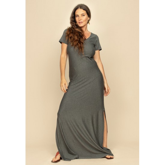 Vestido Longo Malha Gola Canoa Manga Curta Mescla