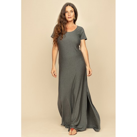 Vestido Longo Malha Gola Canoa Manga Curta Mescla