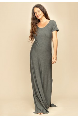 Vestido Longo Malha Gola Canoa Manga Curta Mescla